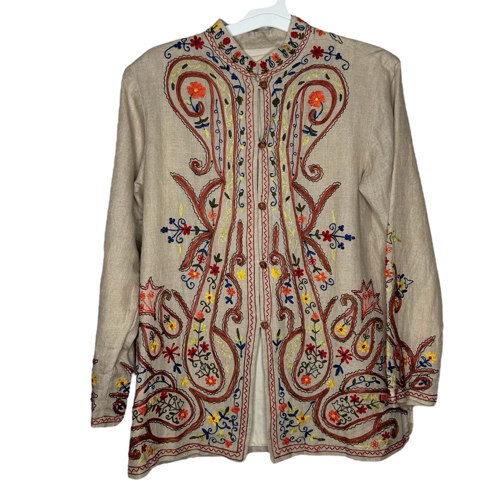 Anu by Natural Embroidered Linen Jacket Women’s Size Medium Art To Wear